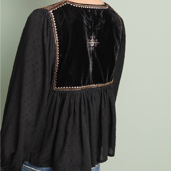 VELVET by Graham & Spencer Black and Gold Embroidered Beaded Velvet Drape Blouse - Picture 9 of 13